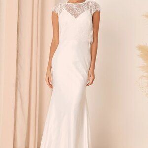Lulus Eternally Devoted White Lace Cap Sleeve Satin Mermaid Maxi Dress sz M